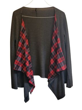 Bellamie Charcoal Cardigan with Red Plaid Trim